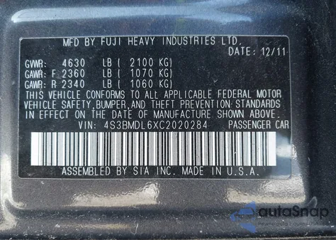 2012 Subaru Legacy 3.6R Limited z USA, uszkodzony, nr VIN 4S3BMDL6XC2020284